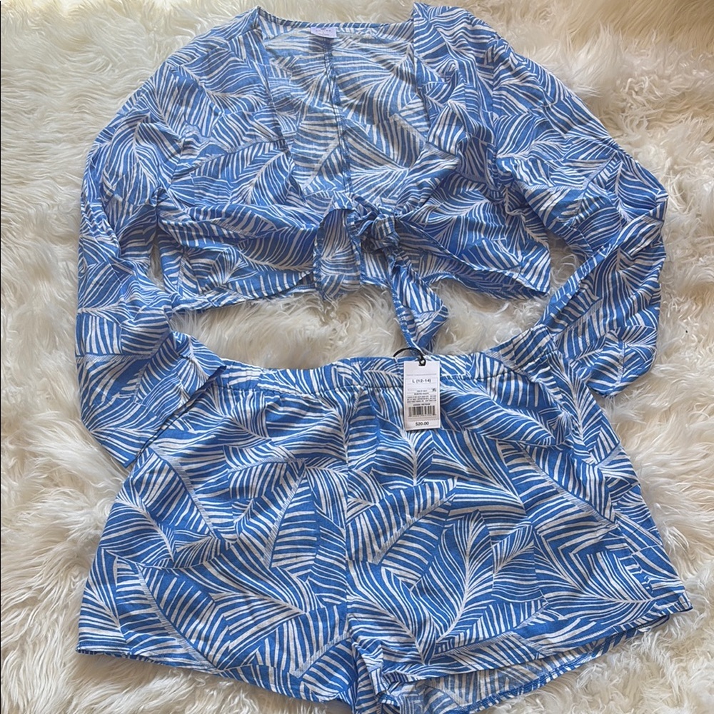 Blue and White Leaf Print Two-Piece Set